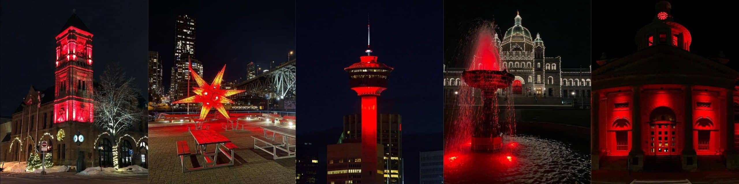 Buildings and structures illuminated in red
