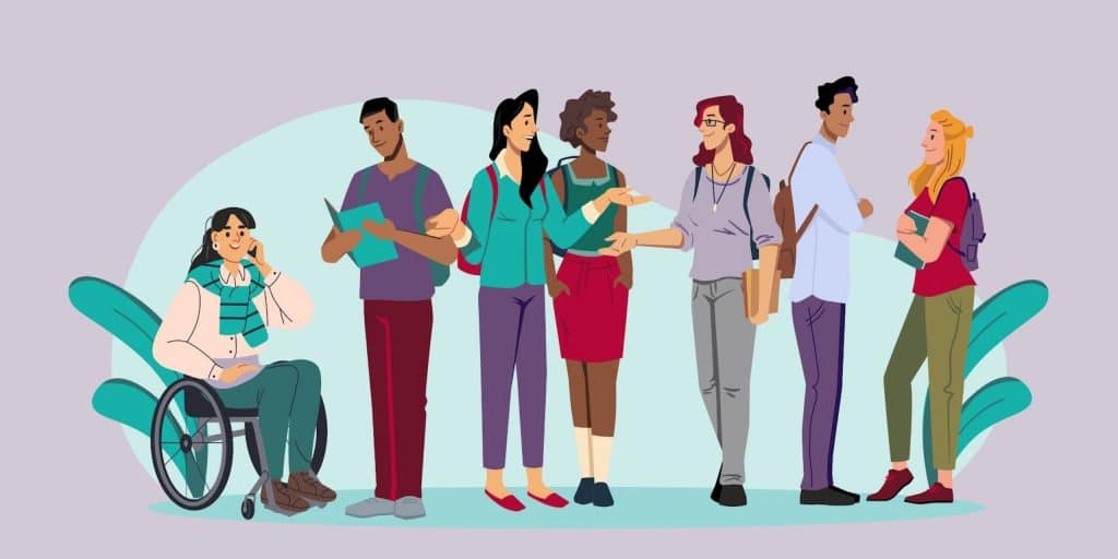 Diverse group of people interacting together.