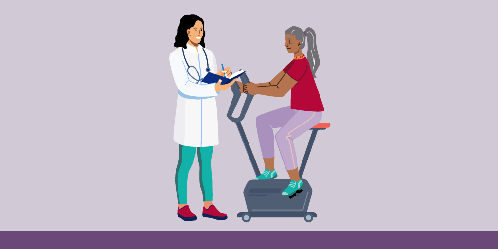 Doctor assisting patient on exercise equipment.